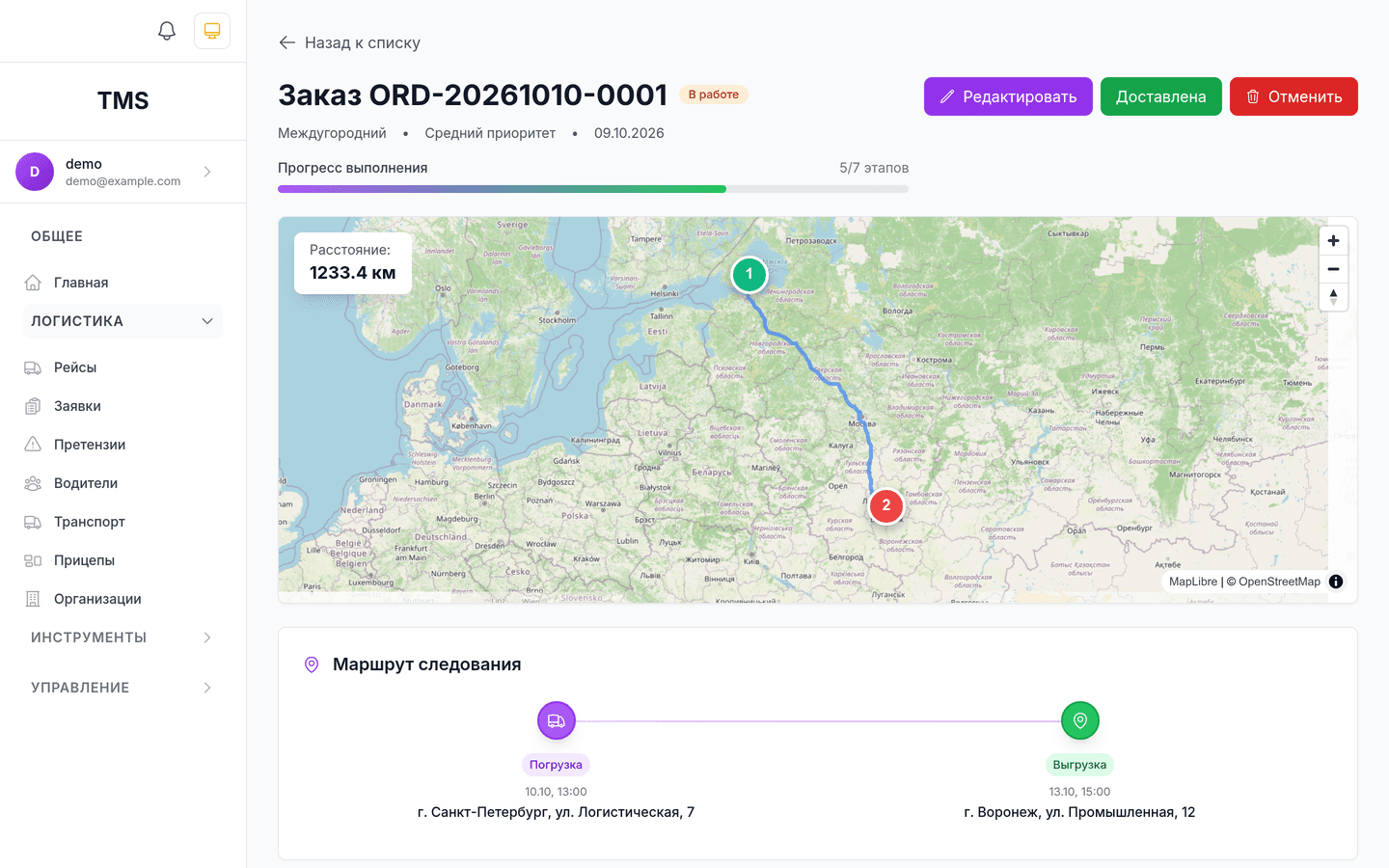 An id.TMS order card: the In progress status, stage progress, the Saint Petersburg — Voronezh route on a map, and the loading and unloading points