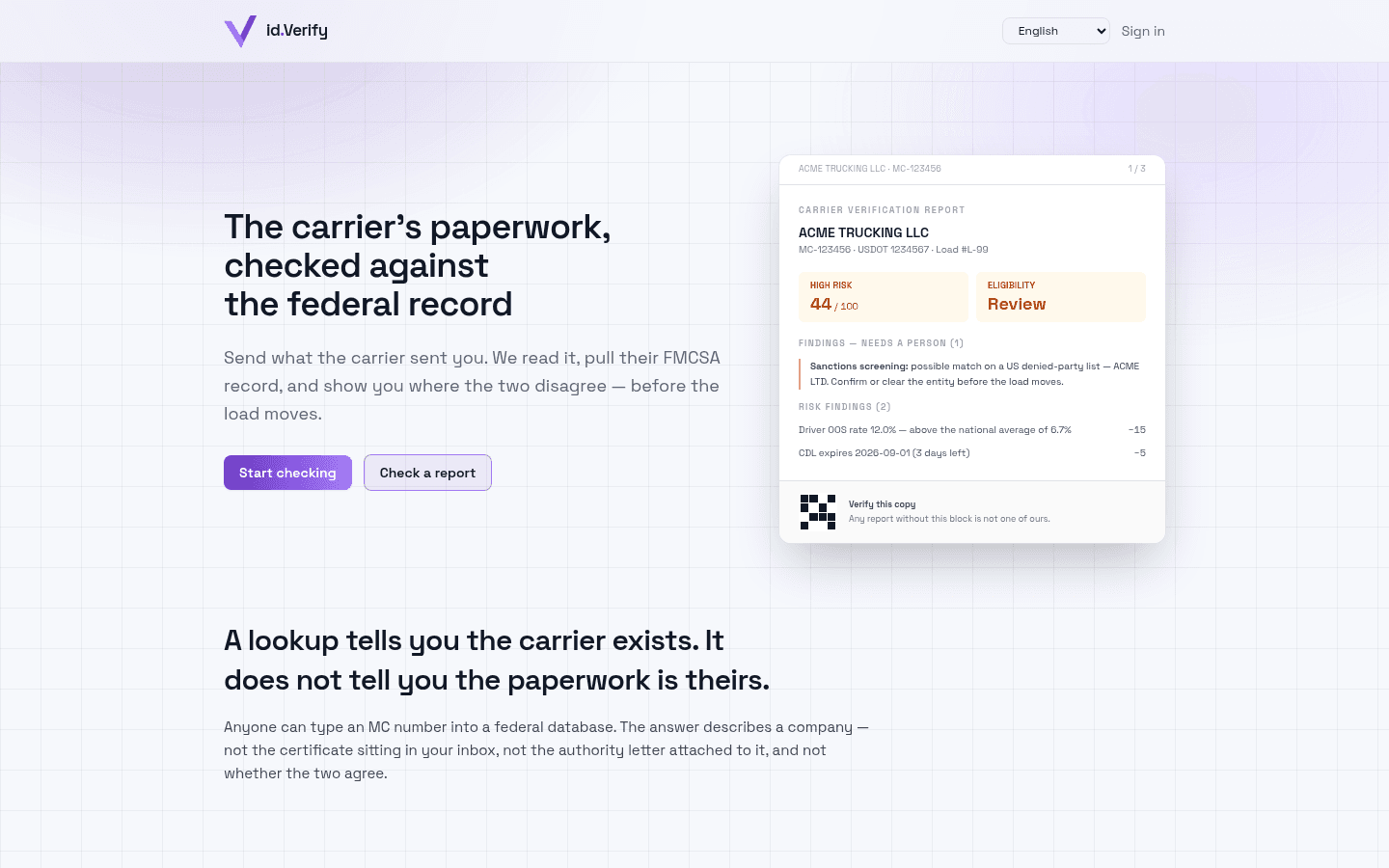 id.Verify home screen: the headline “The carrier’s paperwork, checked against the federal record” and a sample report with a risk score of 44/100 and a Review verdict