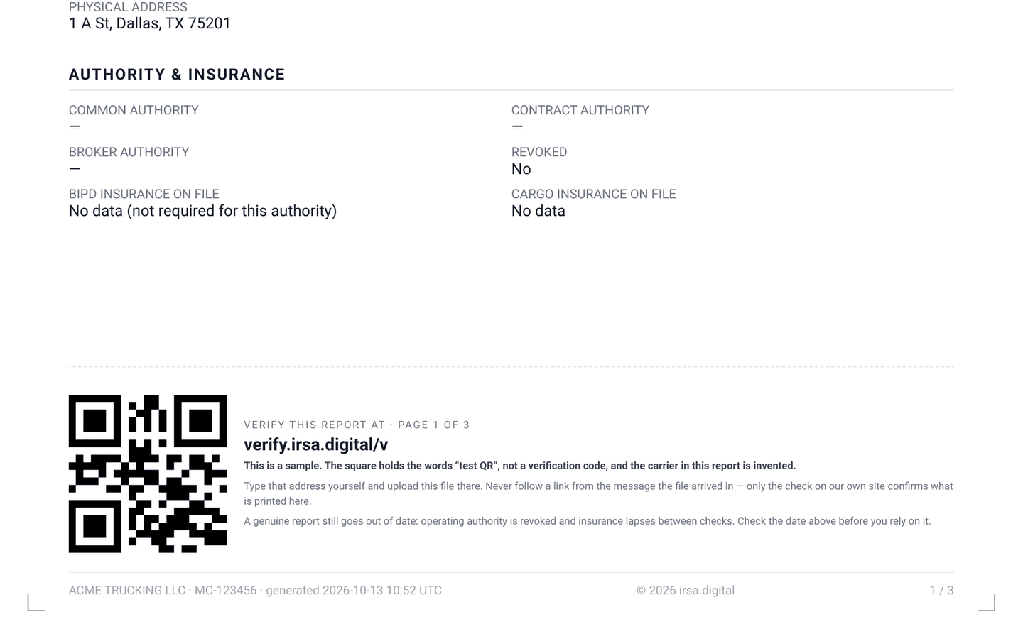 The seal at the foot of an id.Verify report page: a QR code, the verification address verify.irsa.digital/v, the page number and a notice on how to check the report